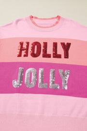 Pink Sequined HOLLY JOLLY Color Block Crew Neck Sweater