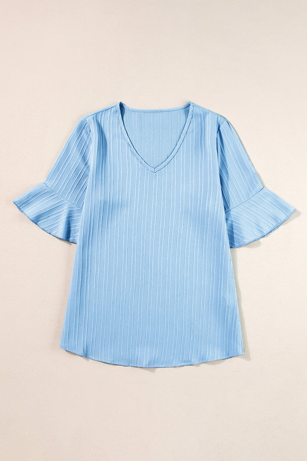 Beau Blue Ruffled Half Sleeve V Neck Textured Top