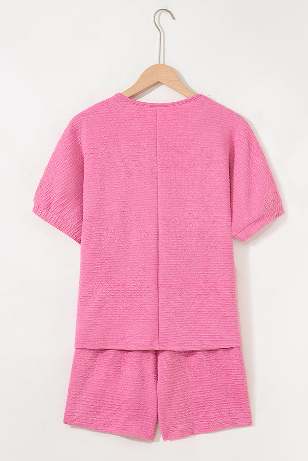 Pink Textured V Neck T Shirt and Shorts Set