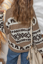 Dark Khaki Ethnic Geometric Pattern Button Front V Neck Sweater Cardigan