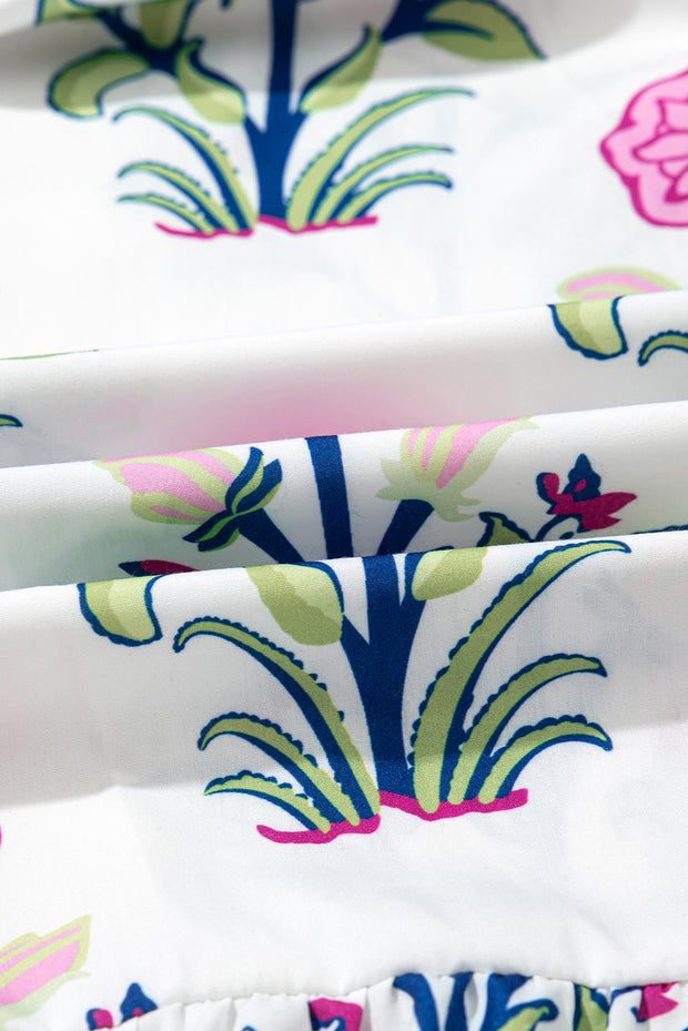 White Floral Puff Short Sleeve V Neck High Waist Maxi Dress