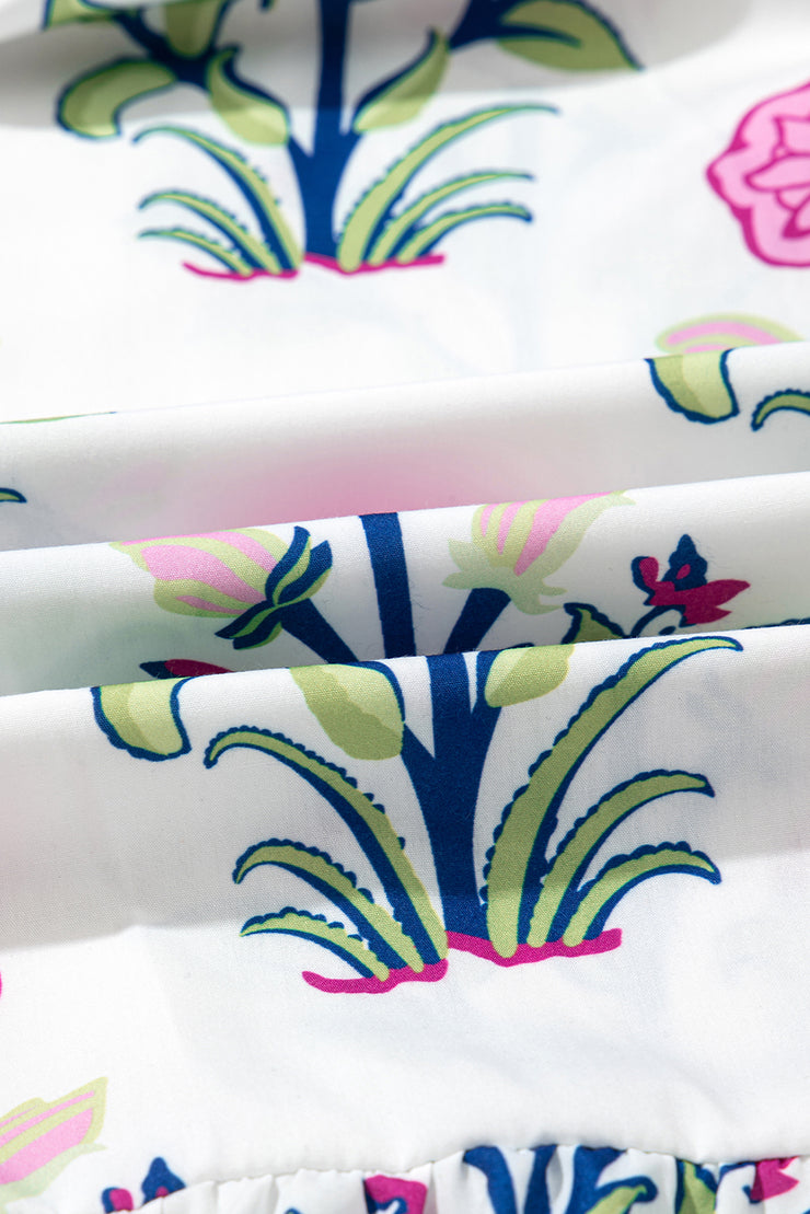 White Floral Puff Short Sleeve V Neck High Waist Maxi Dress