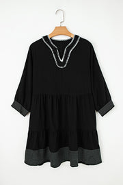 Black Contrast Stitched V Neck 3/4 Sleeve Tiered Mini Dress
