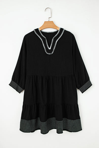 Black Contrast Stitched V Neck 3/4 Sleeve Tiered Mini Dress