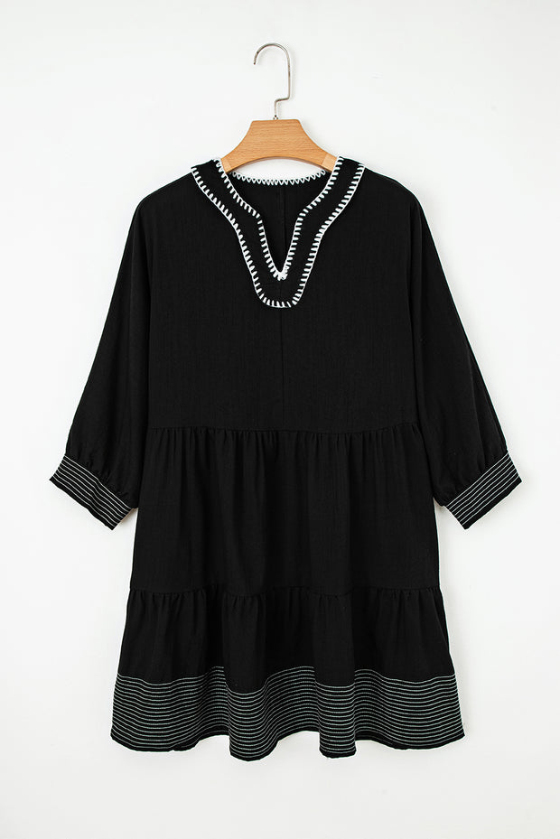 Black Contrast Stitched V Neck 3/4 Sleeve Tiered Mini Dress