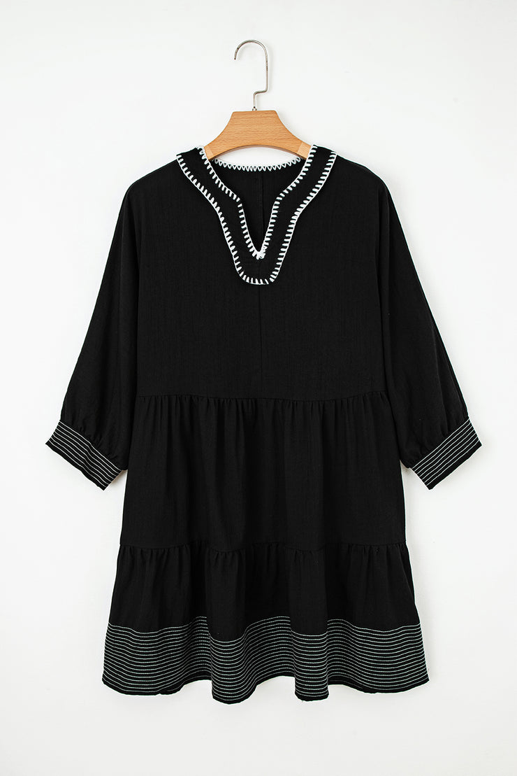 Black Contrast Stitched V Neck 3/4 Sleeve Tiered Mini Dress