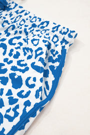 Blue Leopard Elastic Waist Lace up Contrast Trim Casual Shorts
