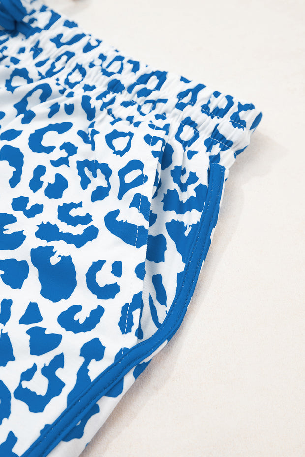 Blue Leopard Elastic Waist Lace up Contrast Trim Casual Shorts