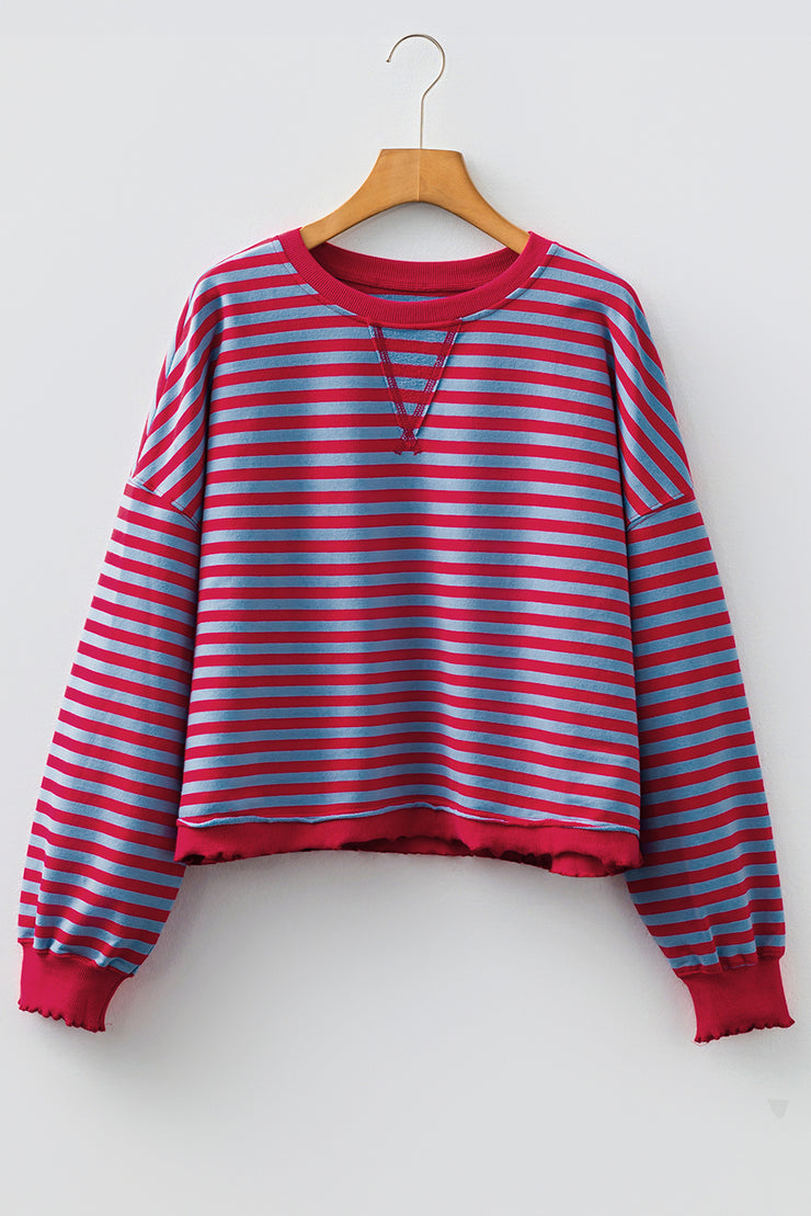 Red Stripe Exposed Seam Contrast Ribbed Trim Oversize Sweatshirt