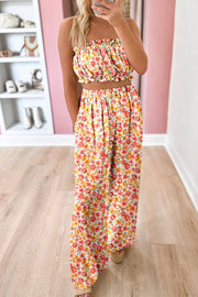 Pink Boho Floral Bandeau Top and High Waist Wide Leg Pants Set