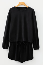 Black Solid Color Textured Knit Drop Shoulder Pullover Drawstring Shorts Set