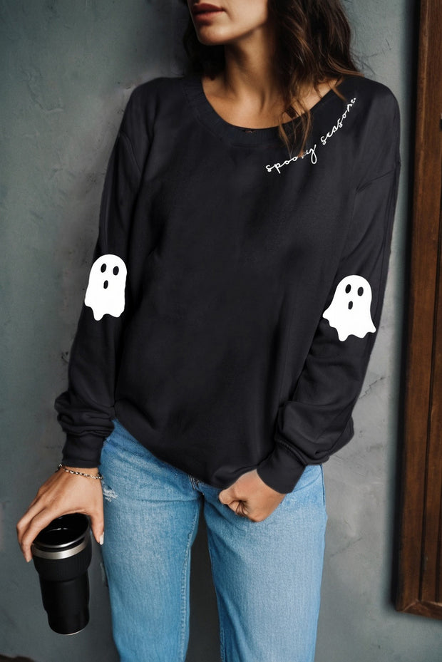 Black Spooky Season Halloween Ghost Printed Drop Shoulder Sweatshirt