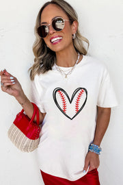 White Baseball Heart Shape Embroidery Graphic Tee