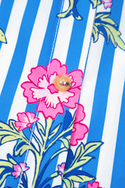Blue Striped Floral Print Buttoned Cuffs Loose Fit Shirt