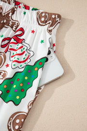 White Christmas Pattern Button V Neck Pullover Drawstring Pants 2pcs Lounge Set