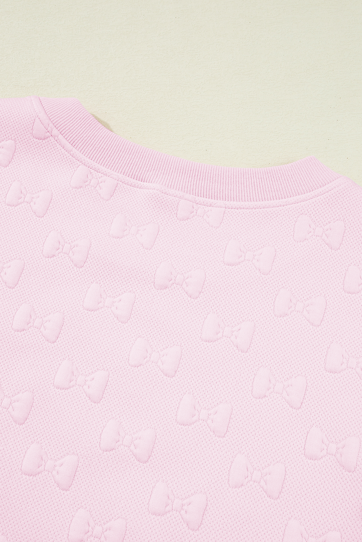 Pink Bow Jacquard Ruffle Sleeve Short 2pcs Outfit