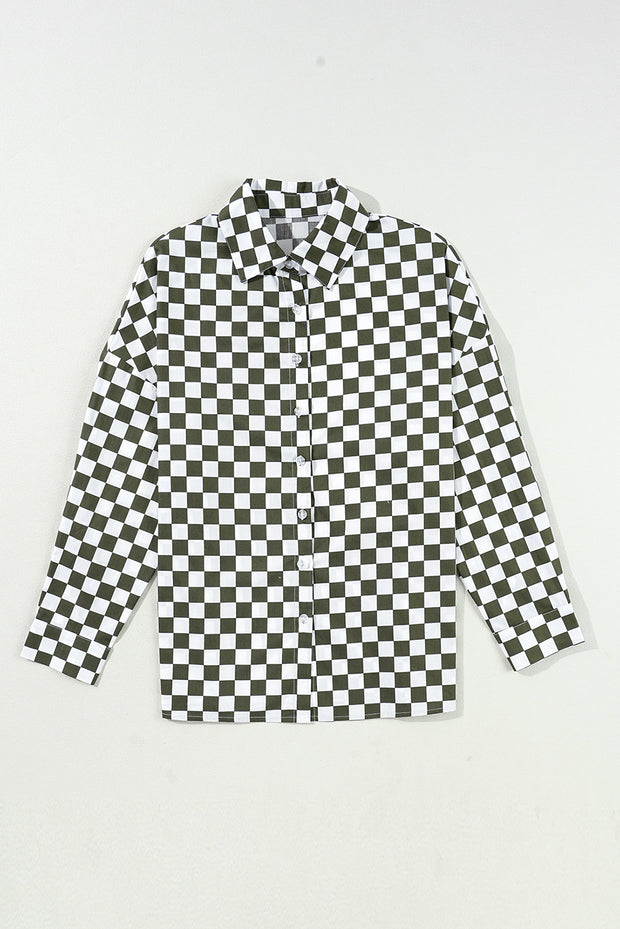 Green Checkerboard Printed Drop Shoulder Loose Casual Shirt