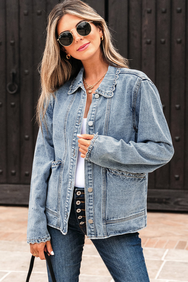 Myosotis Scallop Trim Collar Patched Pocket Button Up Denim Jacket