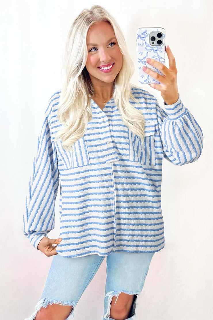Sky Blue Stripe Half Button Collared Chest Pockets Loose Fit Blouse