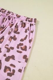 Pink Drawstring Leopard Print Patch Pocket Loose Pants