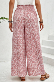 Pink Bohemian Print Slit Wide Leg Smocked High Waist Pants