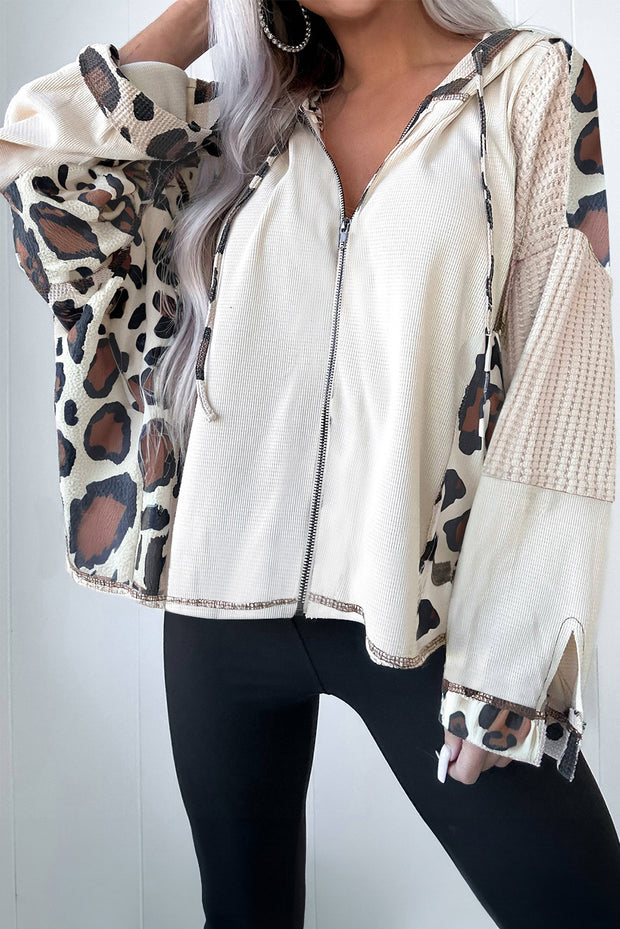 Apricot Oversized Leopard Contrast Mixed Texture Patchwork Zip Up Drop Shoulder Hoodie