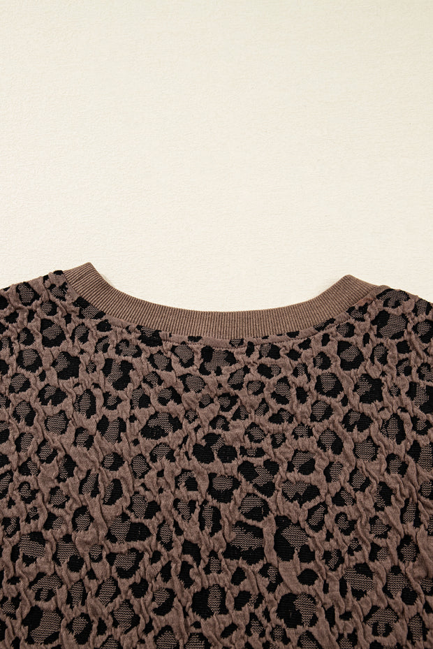Brown Ribbed Trim Leopard Print Long Sleeve Top