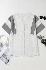 Light Grey Two Tone Contrast Waffle Knit Patched Buttoned V Neck Top