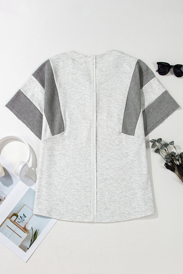 Light Grey Two Tone Contrast Waffle Knit Patched Buttoned V Neck Top