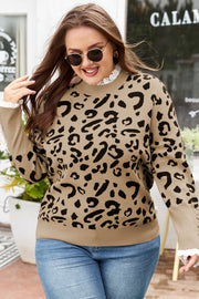 Brown Leopard Knitted Lacy Trim Cuffed Plus Size Sweater