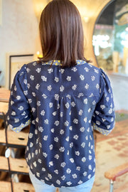 Blue Floral Print Half Sleeve Contrast Trim V Neck Blouse