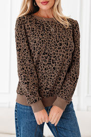 Brown Ribbed Trim Leopard Print Long Sleeve Top