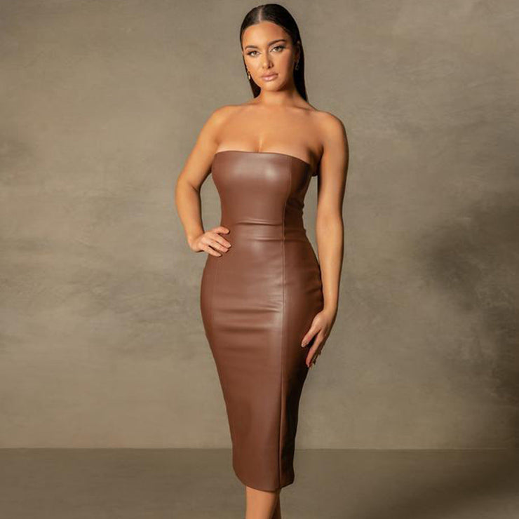 Autumn Winter Solid Color Faux Leather Elegant Slim-Fit Tube Top Back – Unique Oils
