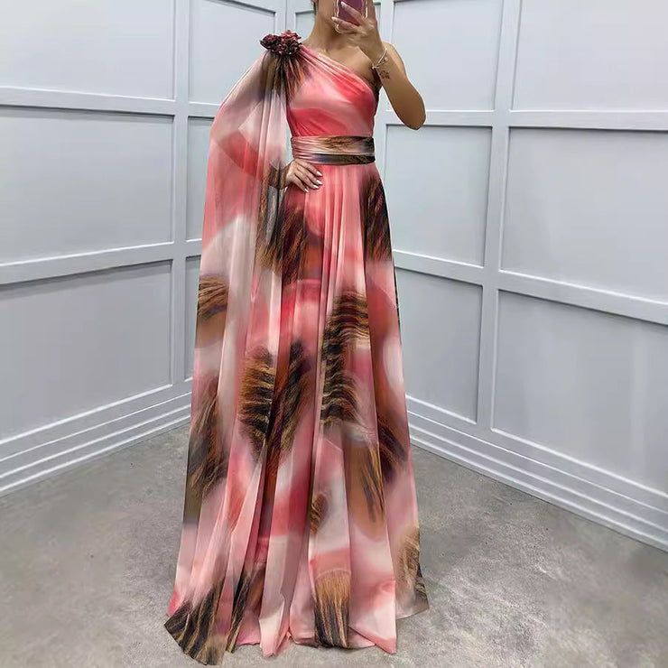 Autumn Winter Chiffon Printed Sloping Shoulder Dress Casual Loose Part – Unique Oils