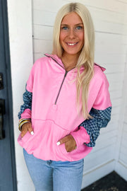 Bonbon Checkered Patchwork Kangaroo Pocket Half Zipper Hoodie