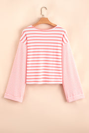 Pink Stripe Textured Contrast Dropped Long Sleeve Top
