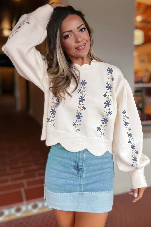 White Floral Embroidered Scallop Hem Cropped Sweater