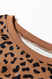 Khaki Stripe Color Block Patchwork Leopard Casual Sweatshirt with Slits