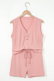 Gossamer Pink Ribbed Button V Neck Tank Top and Shorts Set
