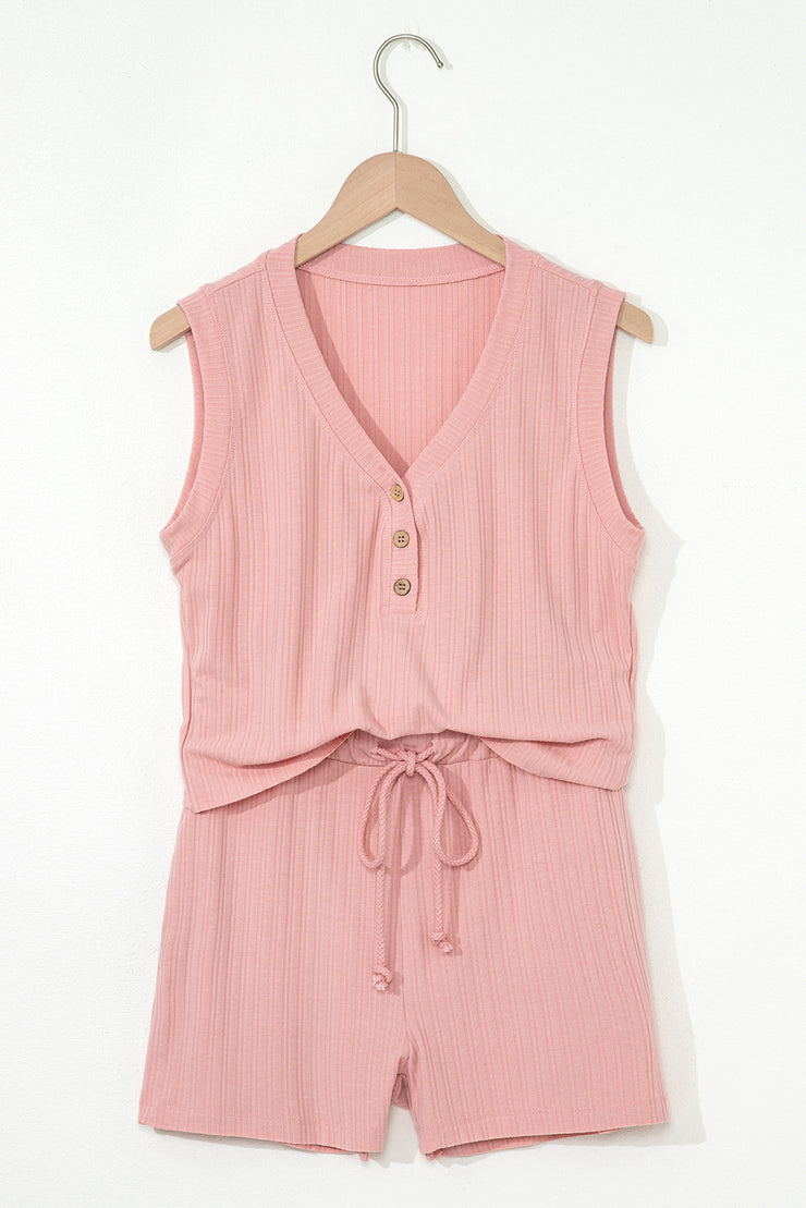 Gossamer Pink Ribbed Button V Neck Tank Top and Shorts Set