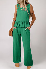 Green Solid Color Ribbed Ruffle Tank Top and Pants Set
