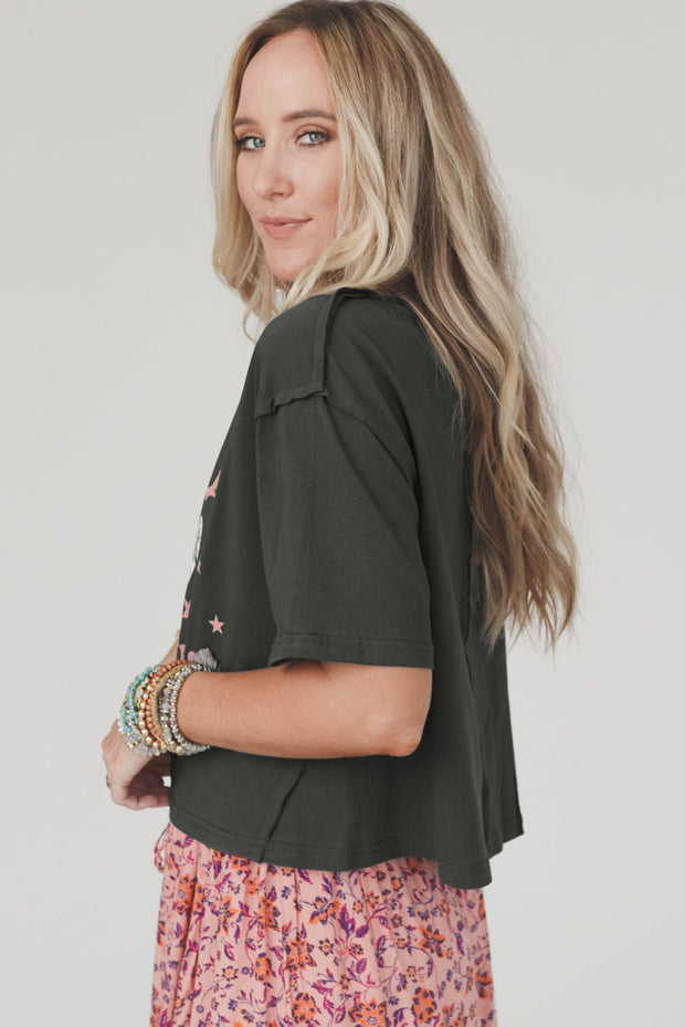 Camiseta gráfica de moda occidental gris CONFIAMOS EN DOLLY