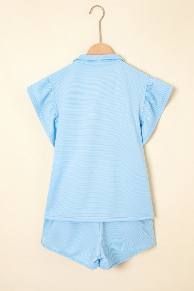 Beau Blue Striped Detail Flutter Sleeve Zipped Collar Short Set