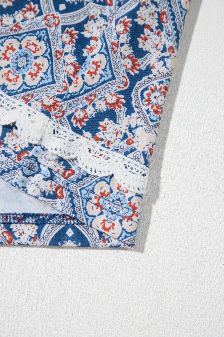 Top de manga larga raglán con estampado geométrico de encaje y patchwork azul