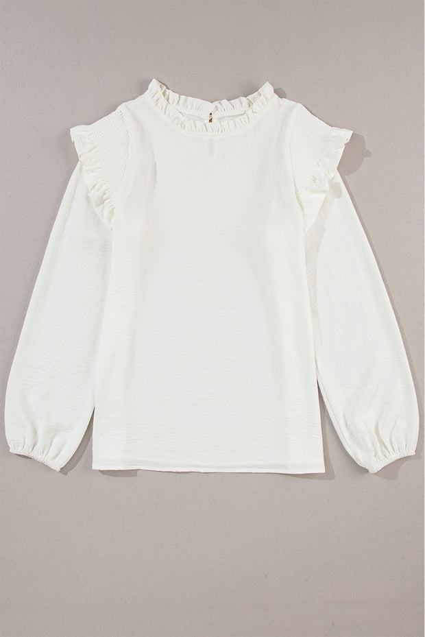 White Frilled Neck Ruffled Trim Bubble Sleeve Blouse