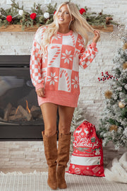 Pink Candycane Snowflake Checker Christmas Holiday Drop Shoulder Tunic Loose Sweater