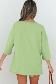 Meadow Mist Green Solid Loose V Neck Half Sleeve Tee and Shorts