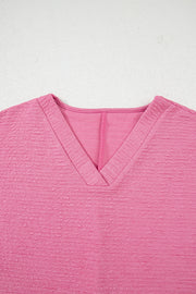 Pink Textured V Neck T Shirt and Shorts Set