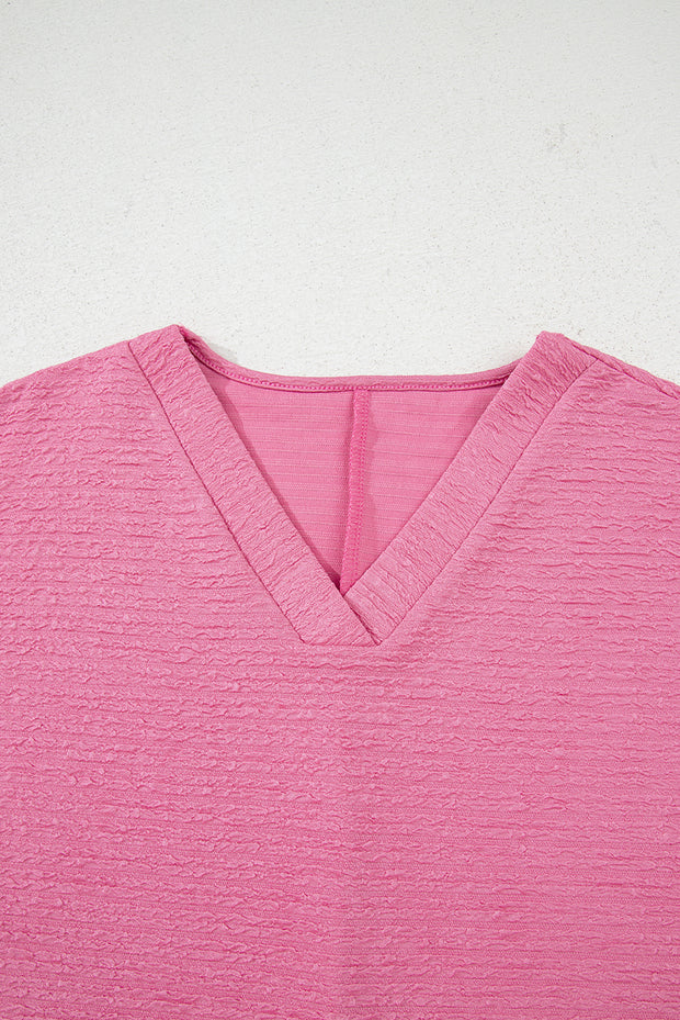 Pink Textured V Neck T Shirt and Shorts Set