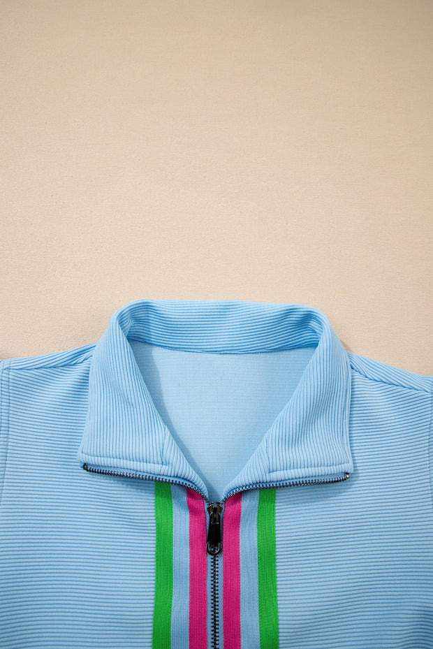 Beau Blue Striped Detail Flutter Sleeve Zipped Collar Short Set